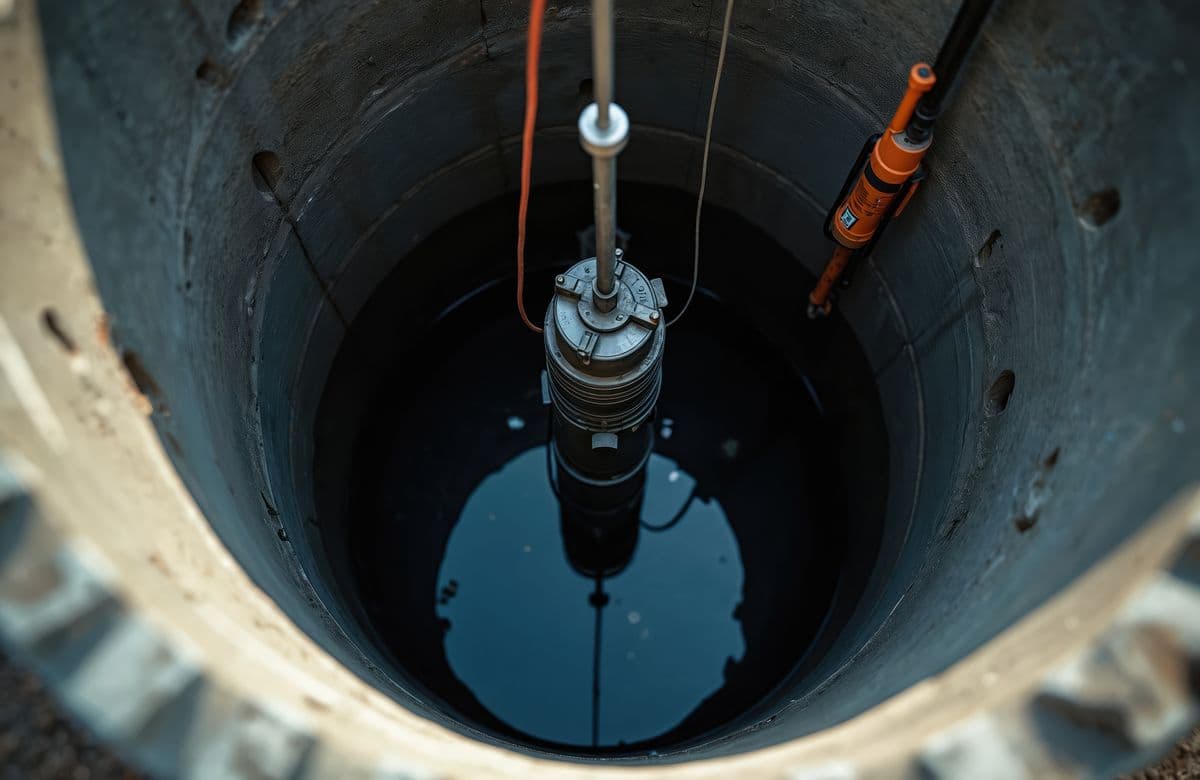 Submersible well pump inside a concrete well casing